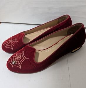 Charlotte Olympia Red Spider Charlotte's Web Velvet Flats Loafers Size 39.5